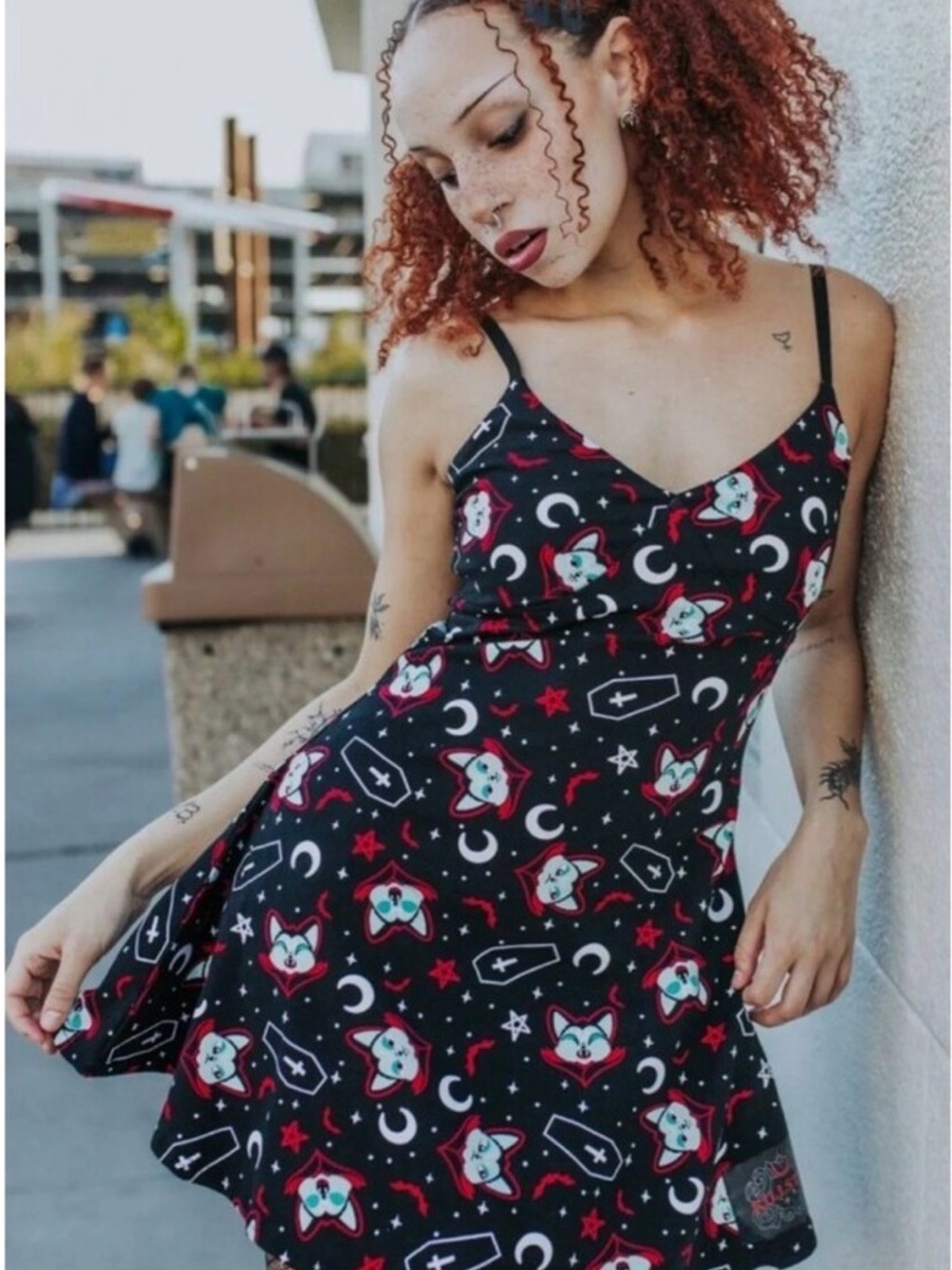 BNWT Killstar Black mini Dress with coffins, vampurr and Celestial moons Print